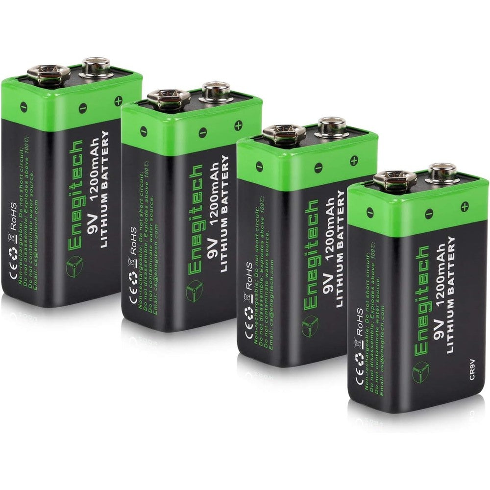 Enegitech 9V Lithium Battery, 9 Volt Lithium Battery 1200mAh for Smoke Detector, Fire Alarm, Keyless Entry Door Lock, Multimeter, Metal Detector Non-Rechargeable 4 Pack