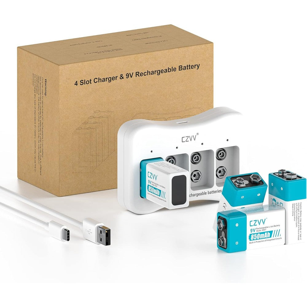 Rechargeable 9V Batteries - High-Performance Lithium-ion Battery 4 Pack with 4-Bay Speed Charger - Leak-Proof Ultra Long-Lasting 8.7 Volt 1300x Cycle Times with a 10-Year Shelf Life