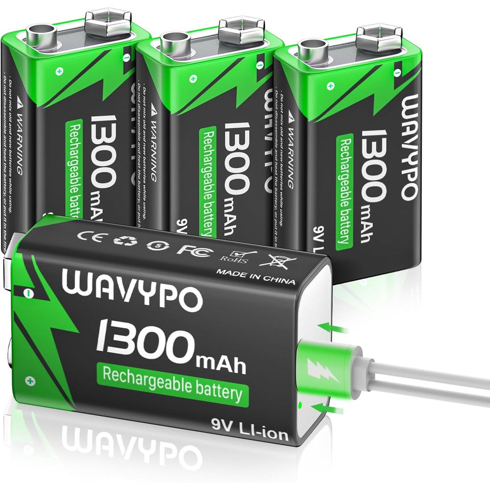 WAVYPO 1300mAh Rechargeable 9V Batteries,9 Volt Lithium-ion Batteries Long Lasting with 2-in-1 USB-C Fast Charging Cable, for Smoke Detector Alarms, Microphone, Toys, Walkie-Talkies，4-Pack