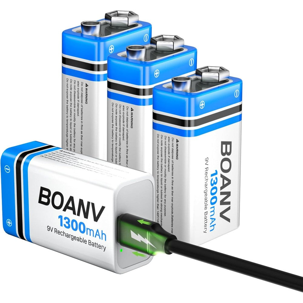 4PCS 1300mAh 9V Rechargeable Batteries, 9V Rechargeable USB Lithium Long Lasting Battery, with 2 in 1 Charging Cable, for Smoke Detectors, Alarms, Keypad, Microphone