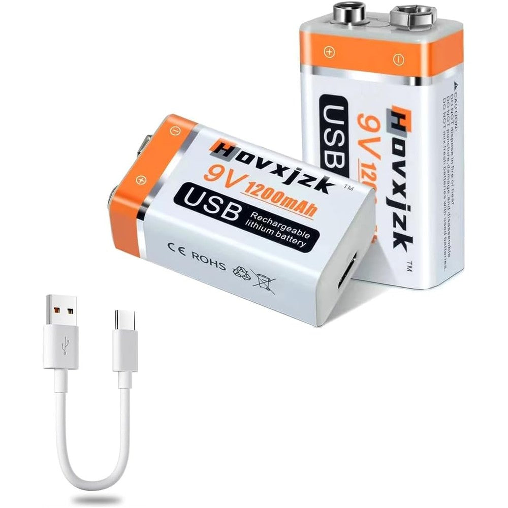 USB 9V Rechargeable Battery, USB Quick Charge in 1.5 Hours, High Capacity 1200mAh Square Lithium Batteries with Type C Port Cable (2-Packs)