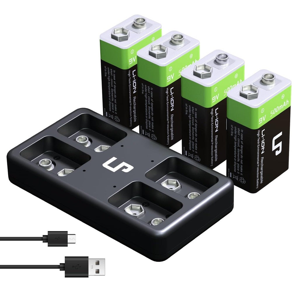 LP 9V Rechargeable Lithium Batteries, 4 Pack 500mAh 9V Battery with Micro USB Charging Station, 9 Volt Long Lasting Rechargeable Battery for Smoke Detector, Electronics & Audio and More