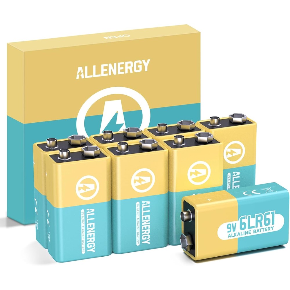 ALLENERGY 9V Batteries 8 Pack Alkaline 9 Volt Battery for Smoke Detector, Long-Lasting 10 Years Shelf Life