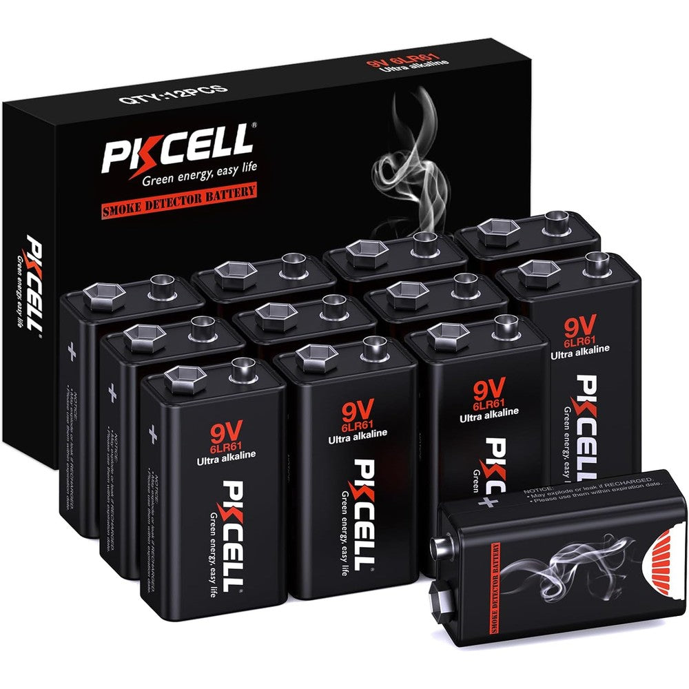 PKCELL 9V Batteries 12 Pack, Ultra Alkaline 9V Battery for Smoke Detector, 10-Year Shelf Life, Long-Lasting Smoke Alarm Batteries
