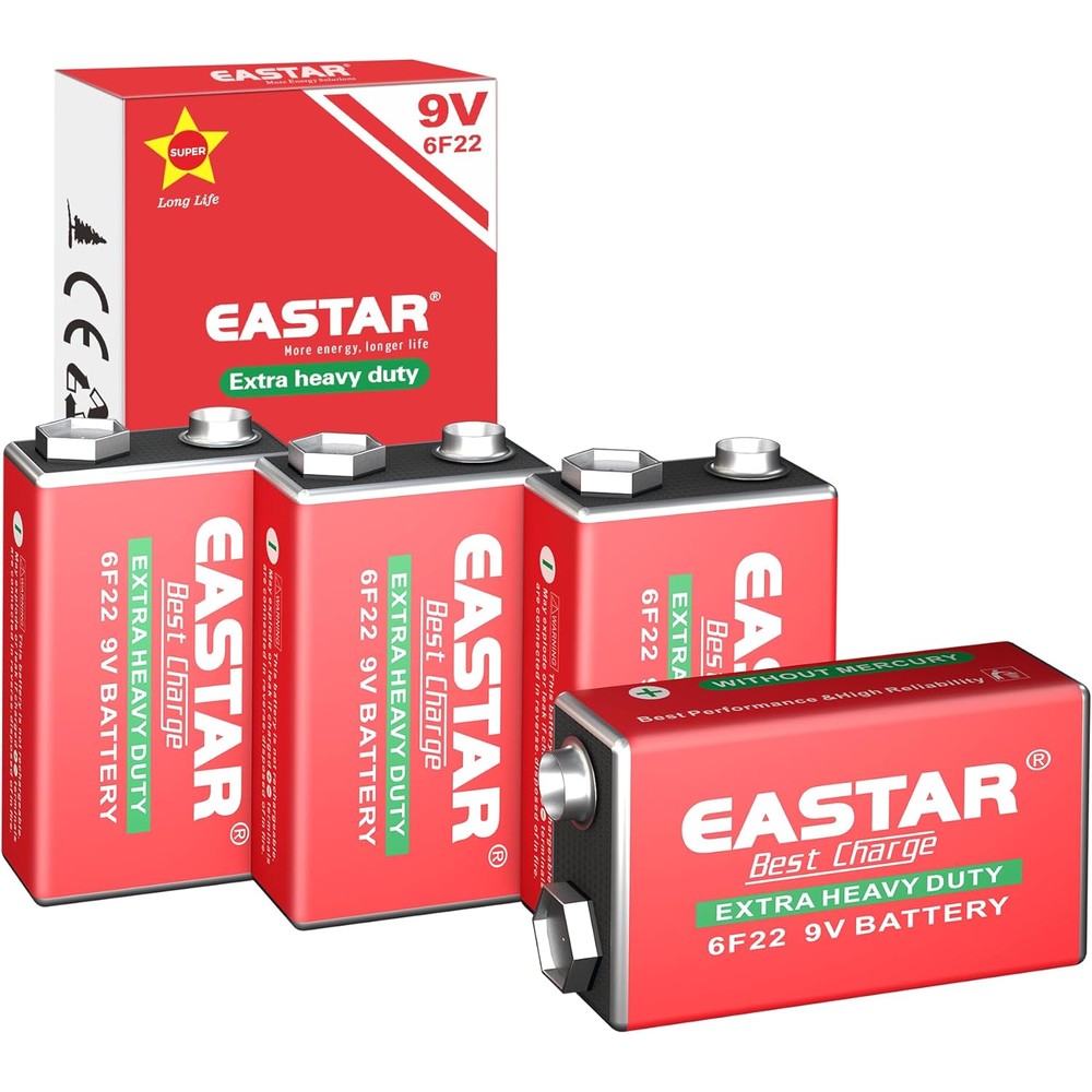 9V Carbon Zinc Batteries – 4 Pack 6F22 9 Volt Battery for Smoke Detectors, Long-Lasting Power, Extra Heavy Duty Batteries for Household Devices