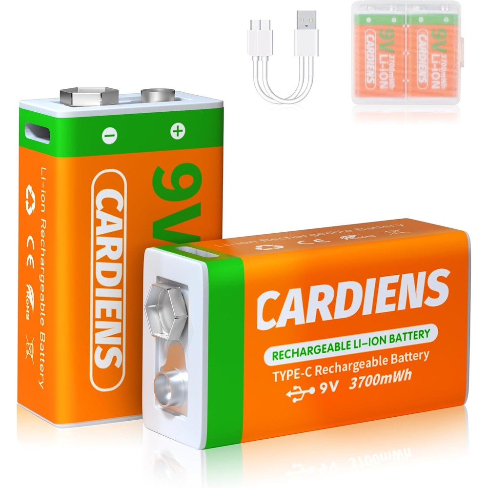 Rechargeable 9v Batteries USB 9 Volt Battery for Smoke Alarms 3700 mWh 9v Lithium Battery with 2-in-1 USB-C Charging Cable and LED Charge Indicator, 2-Pack