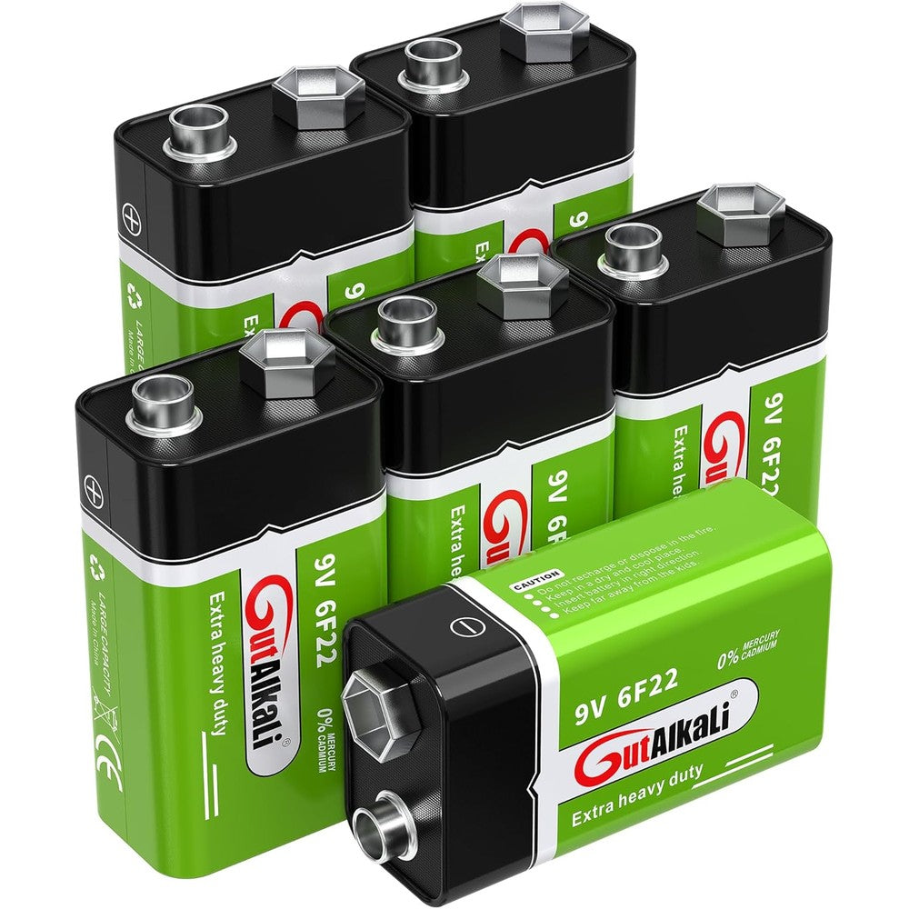 GutAlkaLi Batteries 9V Block Battery, 6 Pieces, Longlife Power for Smoke Detectors, Fire Alarms, Microphone 6lr61 6F22 PP3 MN1604