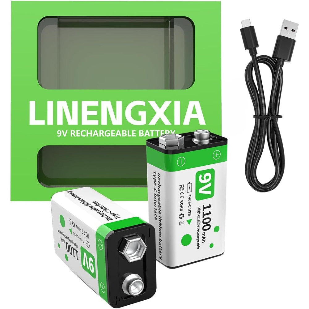 9V 1100mAh Lithium Rechargeable Batteries (2-Pack Green) with Type-C Cable | 1200 Life Cycles | Overcharge/Short-Circuit Protection | Constant Voltage for Smoke Detectors (9V)