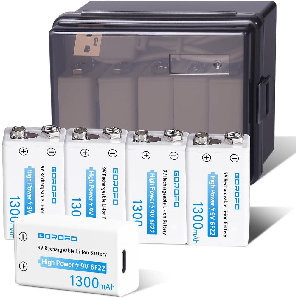 USB-C Rechargeable 9V Li-ion Batteries (5-Pack) - 2-Hour Quick Charge for Smoke Detectors, Guitar Pedals, Multimeters - Includes 2-in-1 Charging Cable