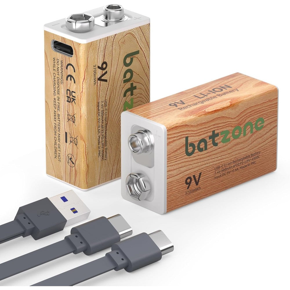 Rechargeable Batteries 9V Lithium Battery, 2PCS 3700mWh Long Lasting LI-ion Batteries with 2 in 1 USB Charging Cable for Smoke Detector,Alarms, Microphone, Fast Charge in 2 Hours