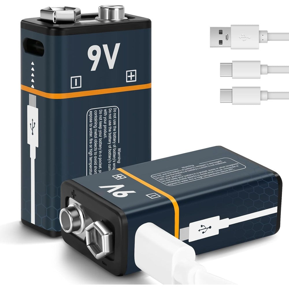 Rechargeable Lithium Batteries 9V with 4 in 1 USB Charging Cable,650mAh 9 Volt Li-ion Battery for Smoke Detector,Metal Detector,Microphone(2Pcs)