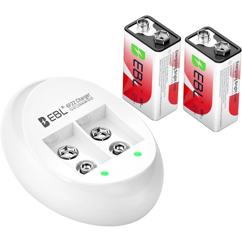 EBL 9V Li-ion Rechargeable Batteries with 9V Battery Charger, 600mAh 9 Volt Cell 2 Pack