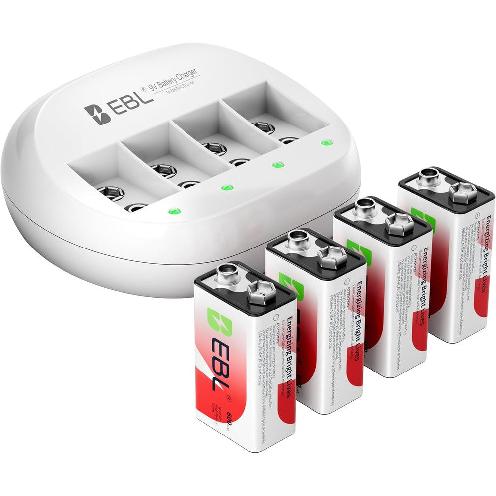 EBL 4 Bay 9V Lithium ion Battery Charger with 600mAh 9V Li-ion Rechargeable Batteries 4 Packs