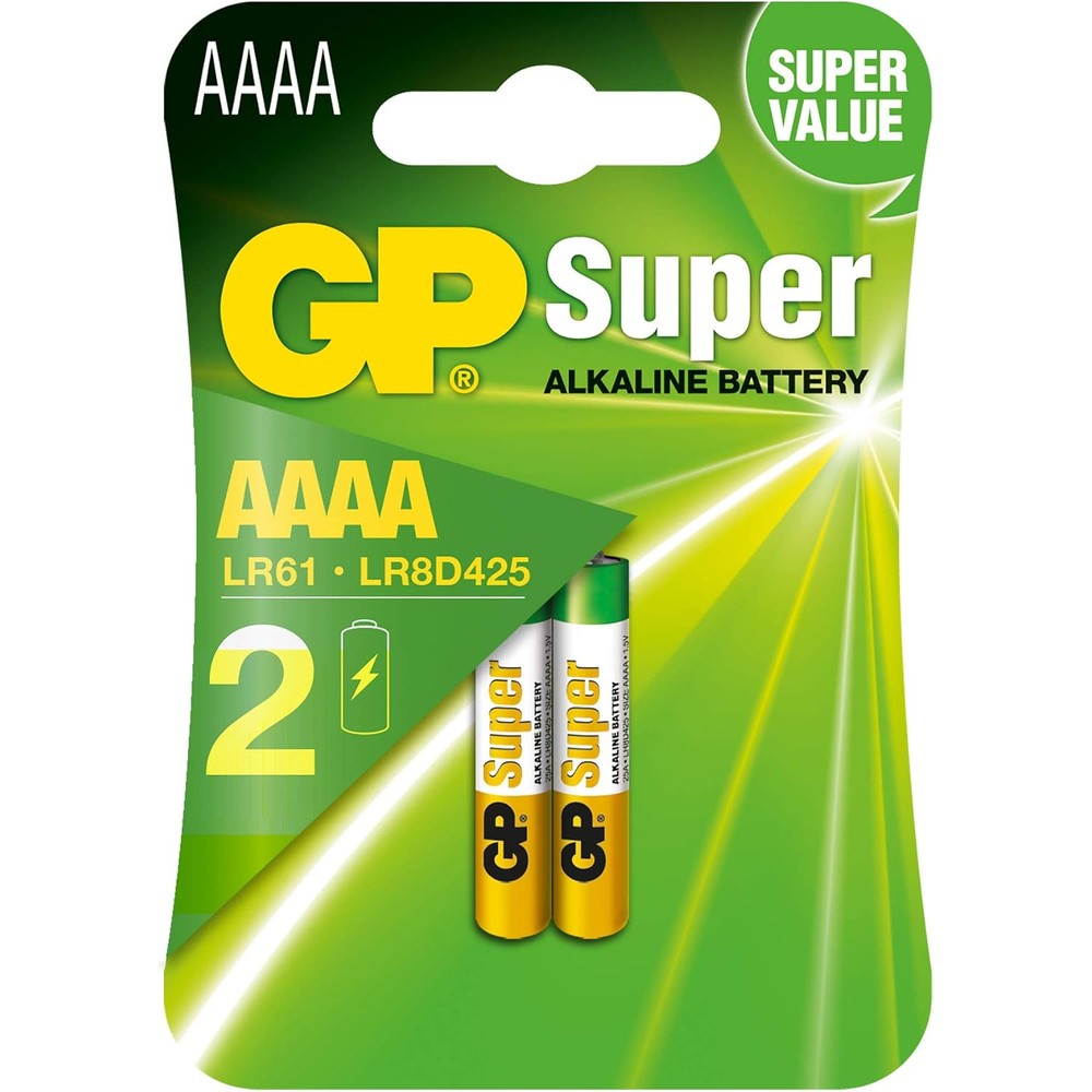 GP Super Alkaline AAAA 1.5V battery pack front view showcasing authentic retail packaging