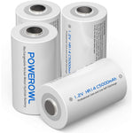 POWEROWL Rechargeable C Batteries four pack front view showing green and white labels