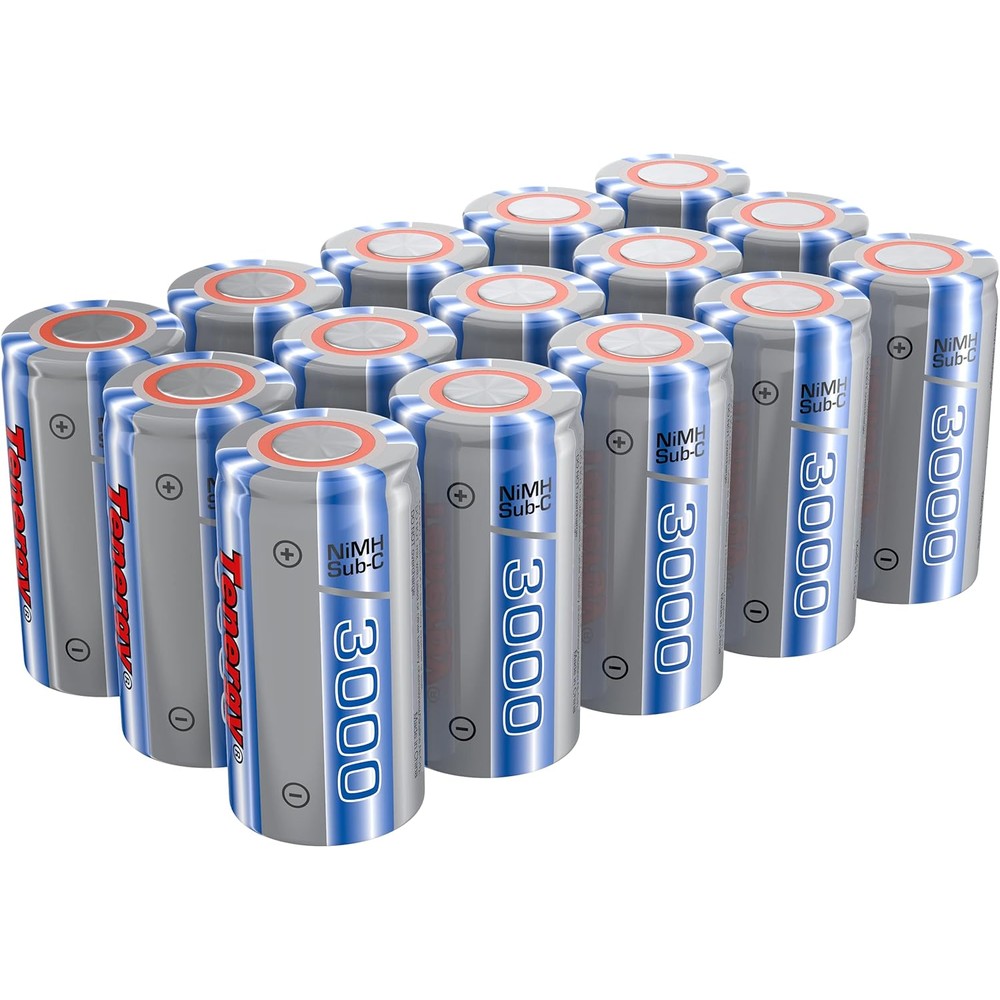 Tenergy NiMH SubC 1.2V 3000mAh Rechargeable Batteries, for Power Tools, 15 Pack