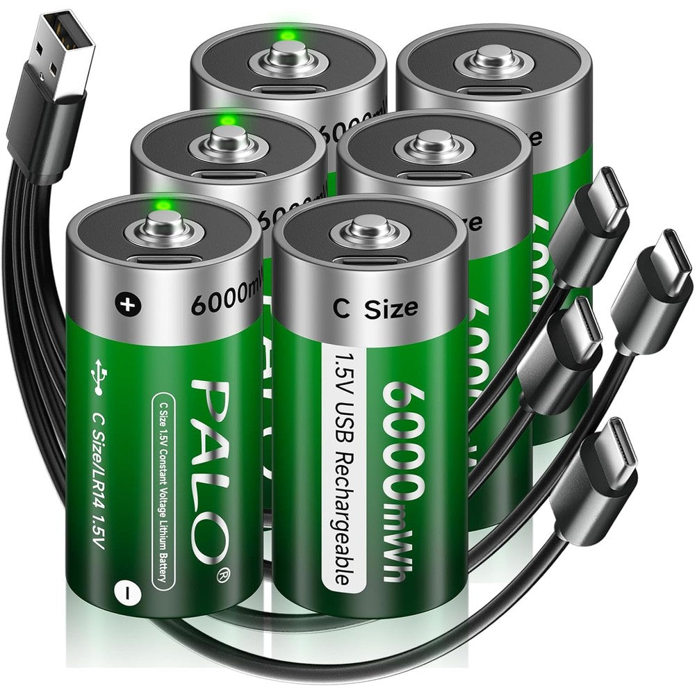 Rechargeable Lithium C Batteries with 4 in 1 USB-C Charge Cable,6 Pack C Cell Li-ion Battries,LR14 1.5V C Size Cell Battery Replacement 6000mWh for Floodlight Toys, Recharge up to 1500+ Cycles