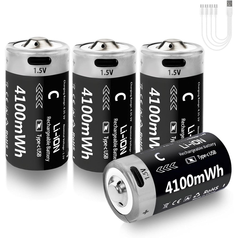 4100mWh Rechargeable Lithium C Batteries with USB-C Charging Cable, 1.5V C Cell Lithium Batteries, C Size Batteries for Flashlight, Clock (4 Pack)