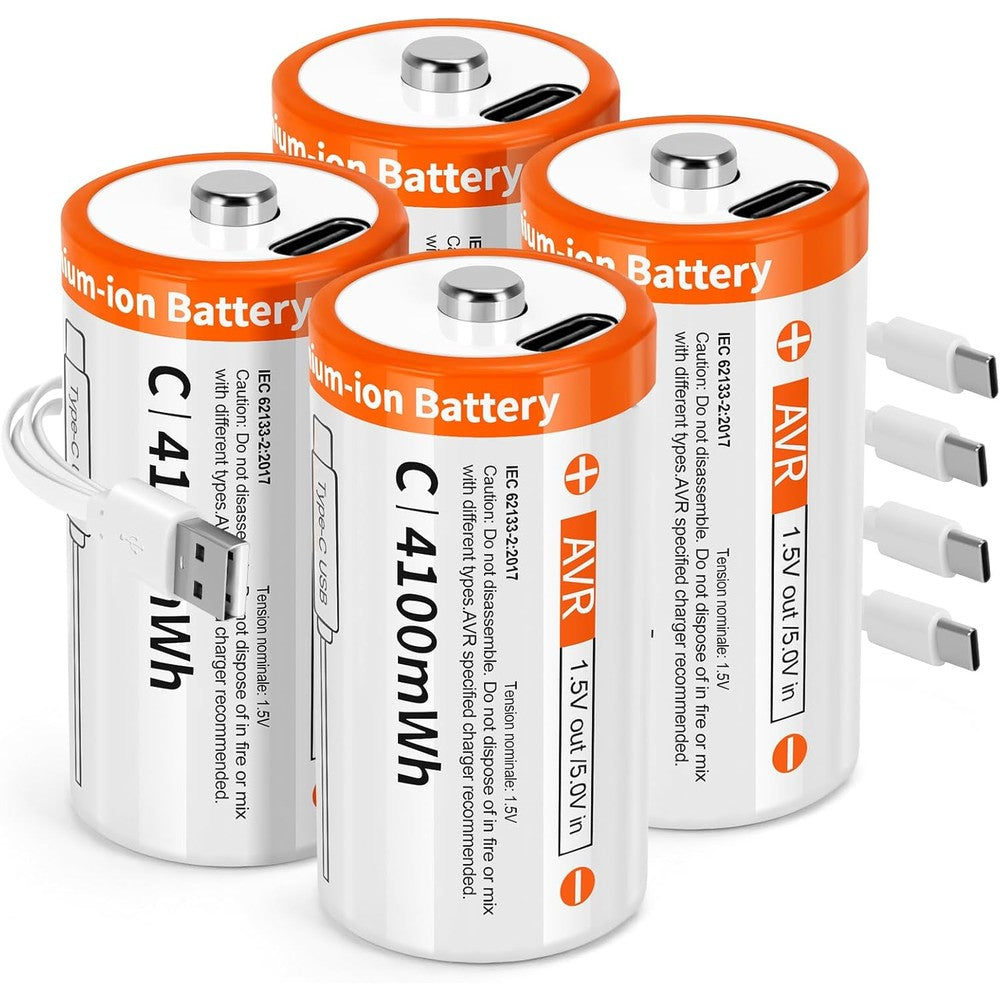Rechargeable Lithium C Batteries 4 Pack with 4 in 1 USB-C Charging Cable, 4100mWh 1.5V C Cell Batteries C Li-ion Battery for Toys, Flashlights, Remote Controls