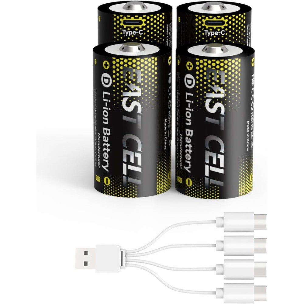 Rechargeable Lithium D Batteries 4 Pack, 6480mWh Rechargeable Lithium-ion LR20 D Cell Battery with 4 in 1 USB-C Charging Cable, 1.5V Batteries D Size for Floodlight Toys, Water Heater, Gas Stove