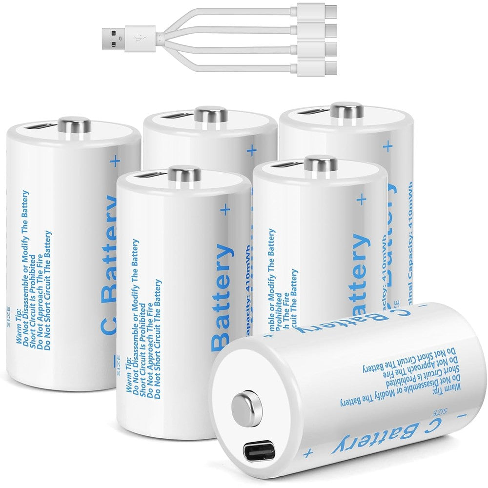C Batteries C Size Rechargeable Lithium Batteries, LR14 4100mWh 1.5V USB-C Charging for Toys and Floodlights (6 Pack, C Battery)