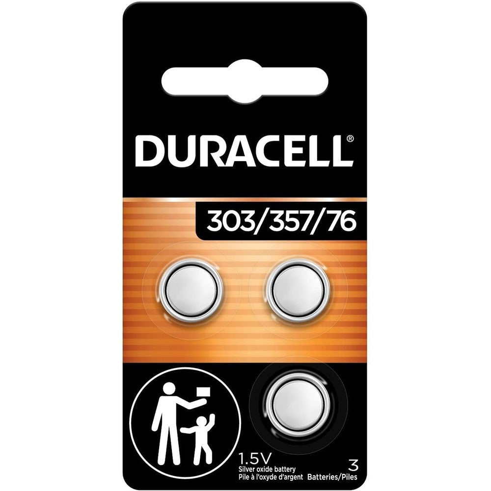 Duracell 303/357/76 Silver Oxide Button Battery, 3 Count (Pack of 1), Silver, Battery with Long-Lasting Power for Watches, Calculators, and More