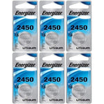 Energizer CR2450 Lithium 3 Volt specialty battery six count pack front view showing retail packaging