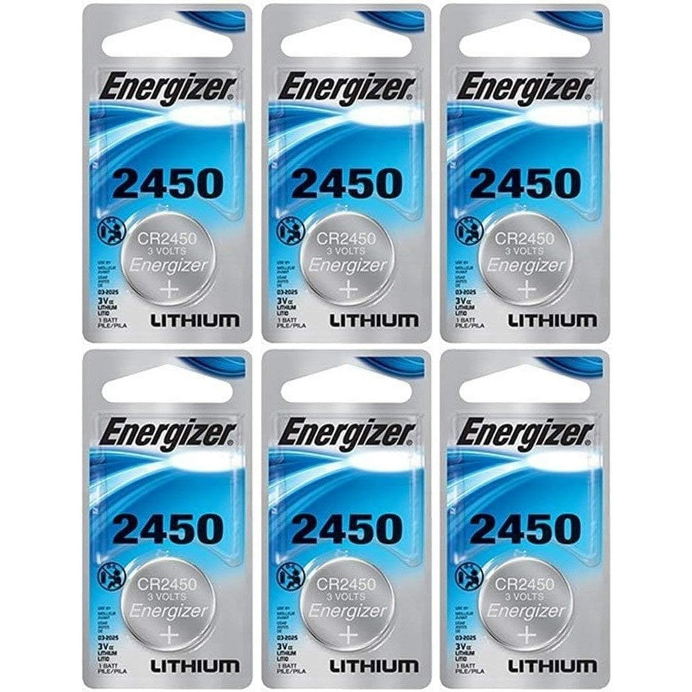 Energizer CR2450 Lithium 3 Volt specialty battery six count pack front view showing retail packaging