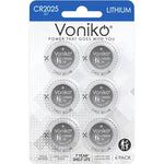 Voniko CR2025 3V Lithium Coin Batteries 6 Pack front view showing child resistant safety packaging