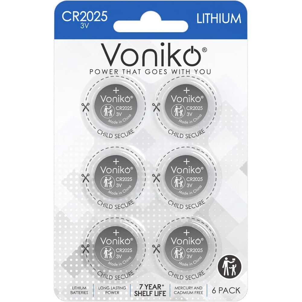 Voniko CR2025 3V Lithium Coin Batteries 6 Pack front view showing child resistant safety packaging