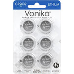Voniko CR2032 3 Volt lithium batteries six pack front view packaging