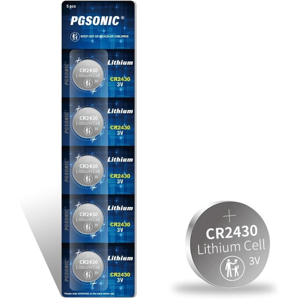 PGSONIC CR2430 three volt lithium coin battery five pack retail packaging front view showcasing authentic grade AA performance branding.