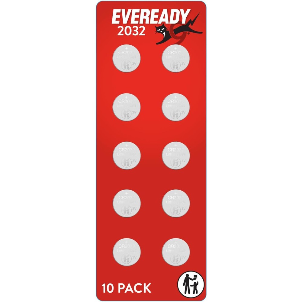 Eveready 2032 three Volt lithium coin batteries front ten pack retail packaging view