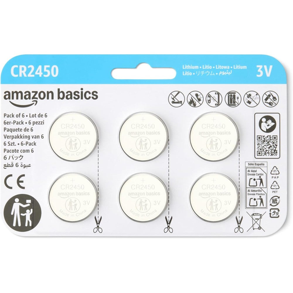 Amazon Basics 6-Pack CR2450 Lithium Coin Cell Battery, 3 Volt, Long Lasting Power, Mercury-Free, Child-Safe Package (Use Scissors to Open)