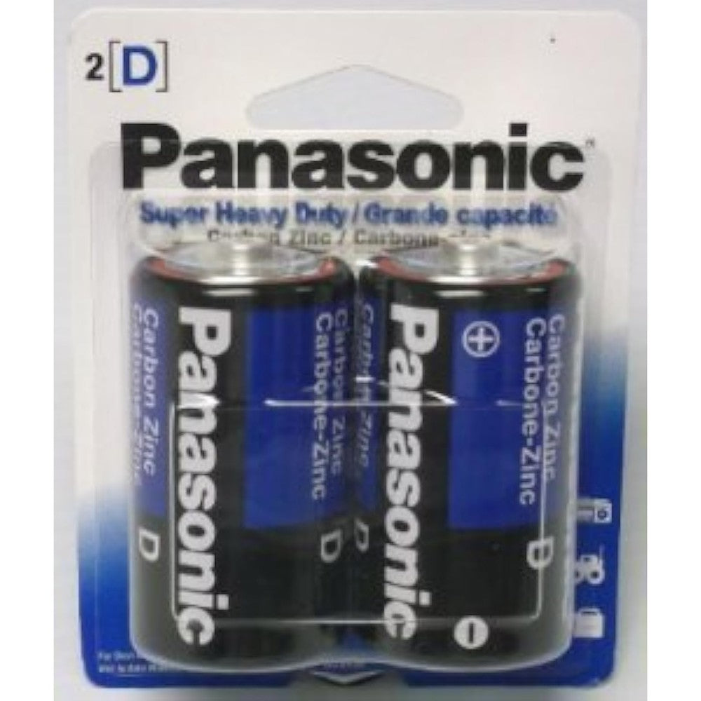 Panasonic Super Heavy Duty D Batteries 24 count retail packaging front view showcasing reliable household power.