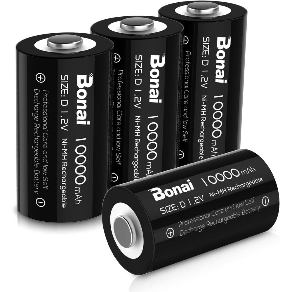 BONAI Rechargeable D Batteries 10000mAh Pre-Charged Low Self Discharge, Ni-MH D Cell Recharge up to 1200x Times - 4 Pack