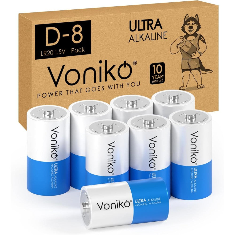 Voniko Ultra Alkaline D Batteries, Batteries D Size 8 Pack, 10-Year Shelf Life and 6-9 Times The Power as Carbon Batteries, Type D Battery 1.5 Volt