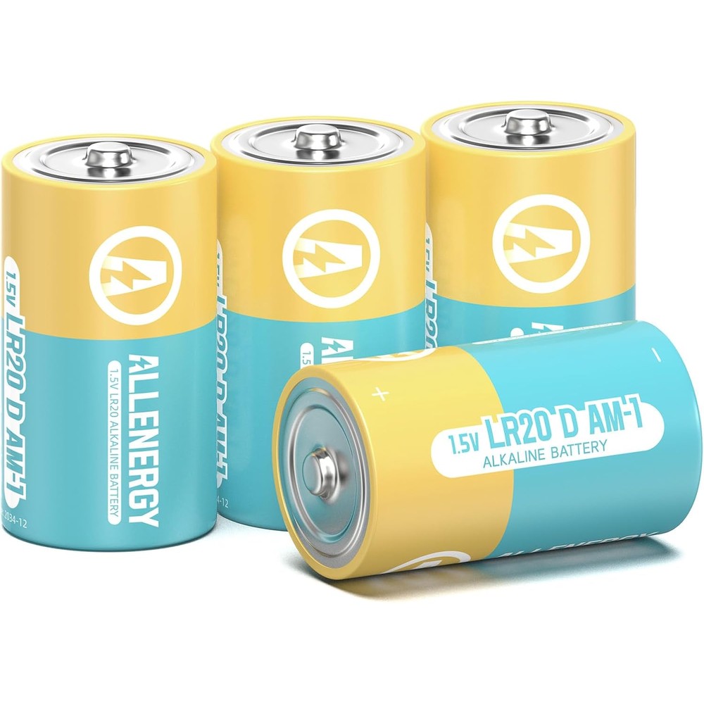ALLENERGY D batteries four pack front view showing the yellow and blue retail packaging.