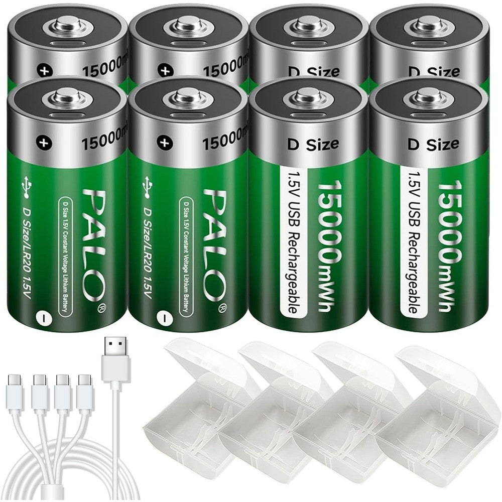 D Cell Rechargeable Batteries 8-Pack 15000mWh 1.5V Constant Output Lithium ion Battery with 4 in 1 USB-C Cable, 1500 Cycles LR20 D Size Battery, USB Rechargeable D Batteries for Floodlight Toys