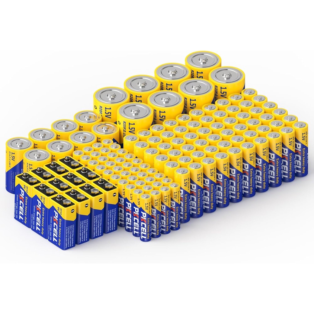 PKCELL 128 Counts Batteries Combo Pack, 60-Count AA Batteries, 40-Counts AAA Batteries, 8-Counts C Batteries, 8-Counts D Batteries and 12-Counts 9V Batteries for Household Electronics