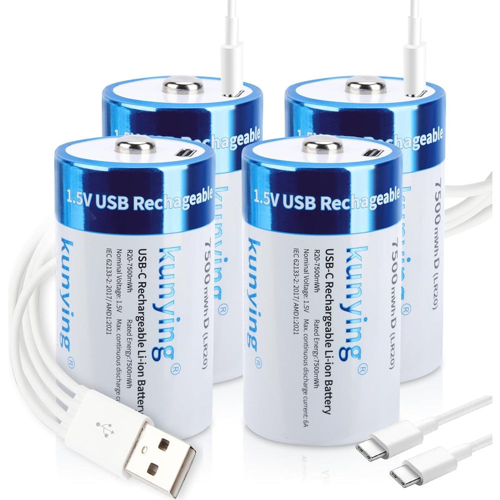 4 Pack Rechargeable D Batteries 1.5V 7500mAh Lithium, Long Lasting High Capacity D Cell Batteries with 4-in-1 Fast USB-C Charging Cable for Solar Lights, Floodlights, Toys & Emergency Devices