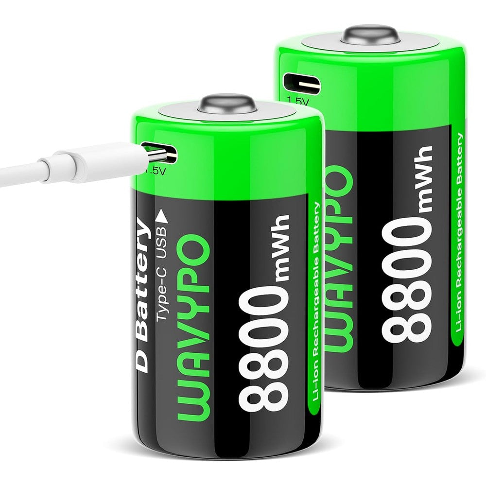 WAVYPO 8800mAh Rechargeable D Lithium Batteries with Included USB-C Charging Cable,Rechargeable D Batteries for Toy Floodlights and More (2-Pack)