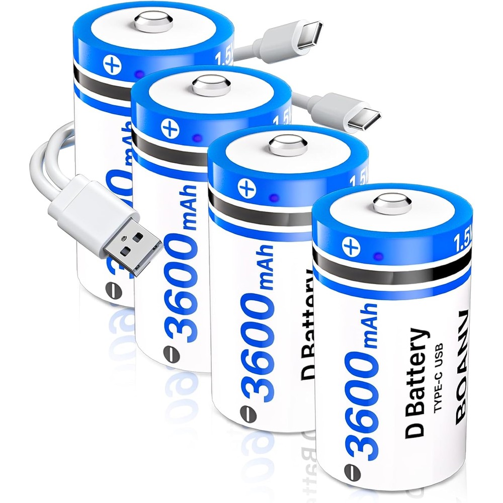 4PCS Rechargeable D Batteries with 2 in 1 USB Cable, Lithium D Batterties, 1.5V 3600mAh D Size Cell Battery Replacement 5400mWh for Floodlight Toys