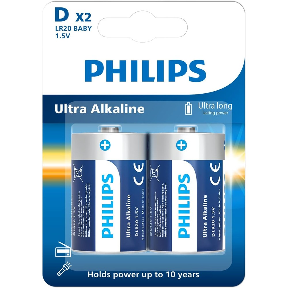 Philips D Batteries 12000mAh Alkaline D Size Cell Battery Ultra Long Lasting 1.5V R20 Batteries for Household and Office Devices 10-Year Shelf Life