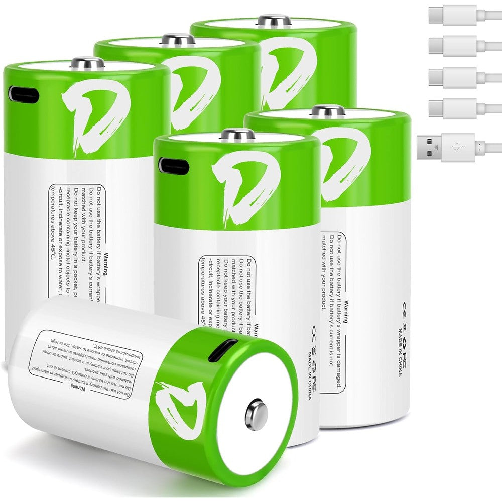 Lithium Rechargeable D Batteries 6 Pack,7500mWh High Capacity 1.5V Li-ion D Batteries with 4 in 1 USB-C Charge Cable,Long Lasting D Cell Batteries