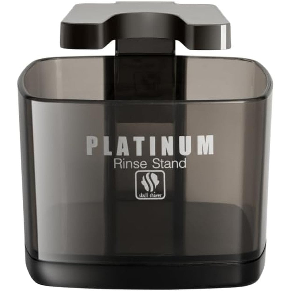 Skull Shaver Platinum Rinse Stand front view showing the premium chrome handle and sleek black water container.