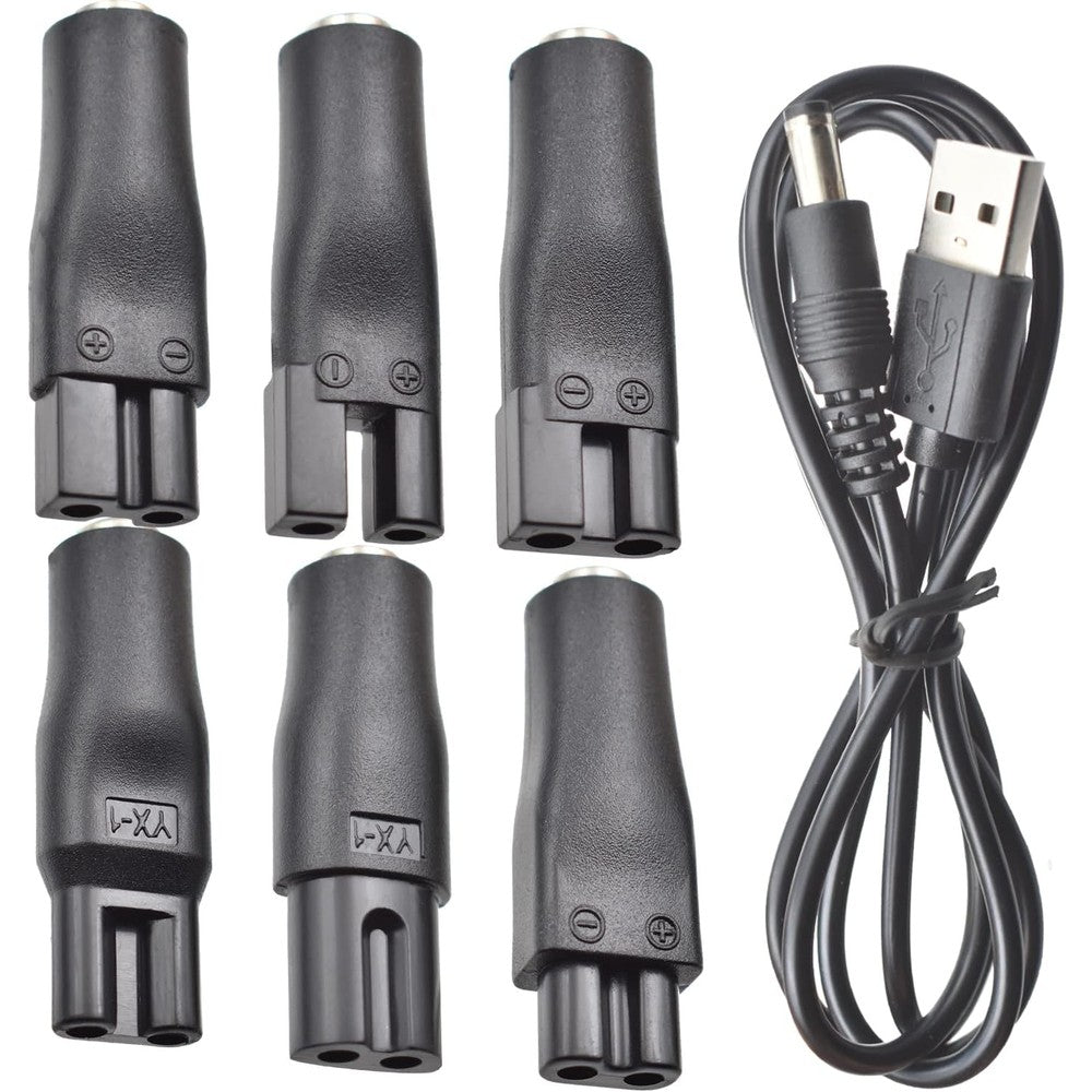 BOEEA 7 piece power cord 5V replacement charger set front view showing USB cable and six black adapter tips