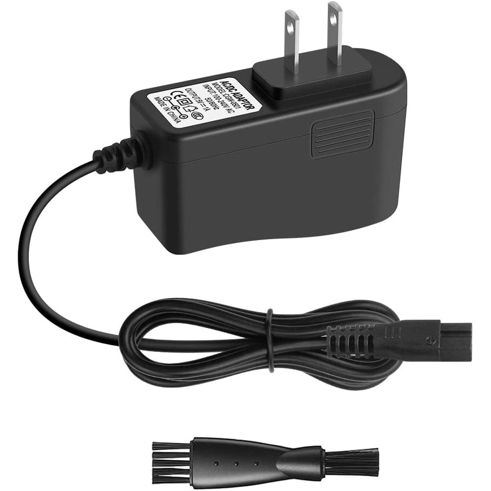 Arkare Meridian trimmer charger front view showing the two prong connector and black wall adapter block.