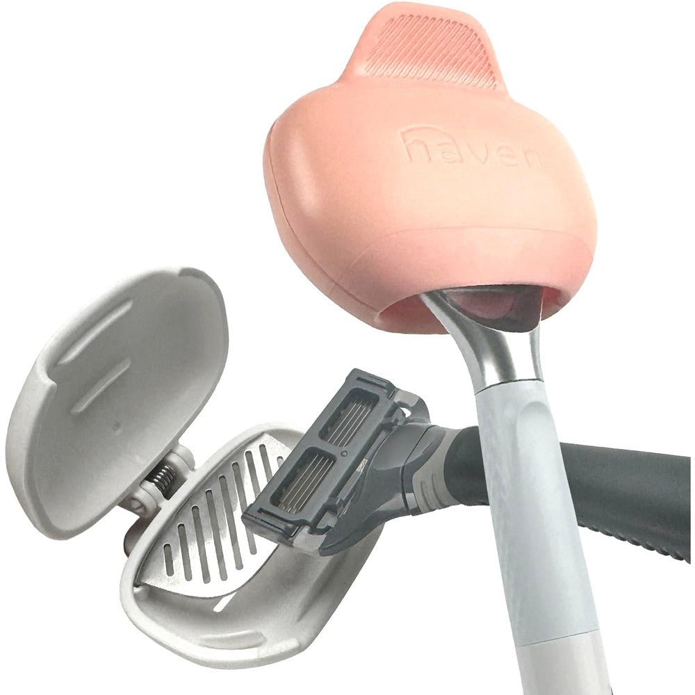 Lets Shave Haven Clip On Razor Protector front view showcasing white and coral travel covers.