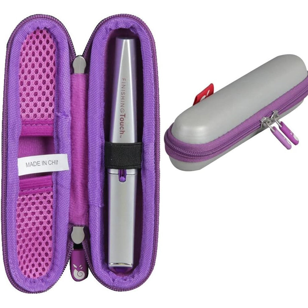Hermitshell hard travel case front view showing silver and purple exterior styling.